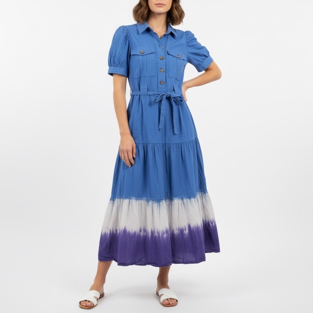 Derek Lam Collective Blue Tie Dye Tiered Shirt Dress Midi Size 40